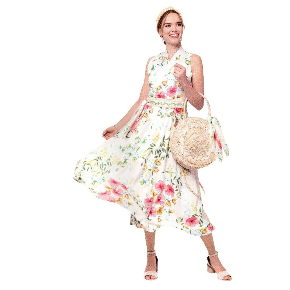 Spartina 449 Garden Linen Blend Wrap Floral Maxi Dress, Size Small